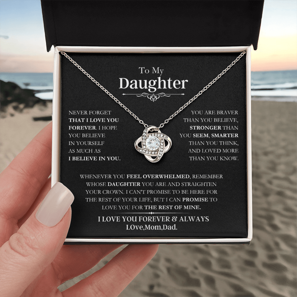 Beautiful Daughter Gift, "Never Forget That I Love You" Love Knot Necklace